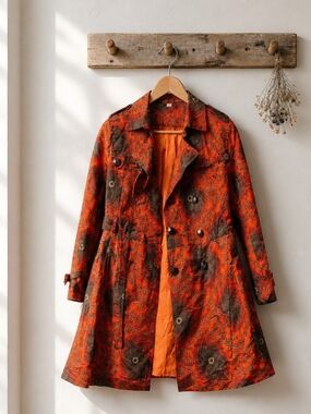 Women's Orange Patterned Trench Coat